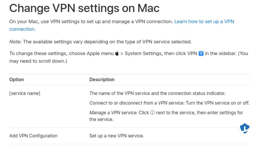 Mac vpn settings page screenshot.