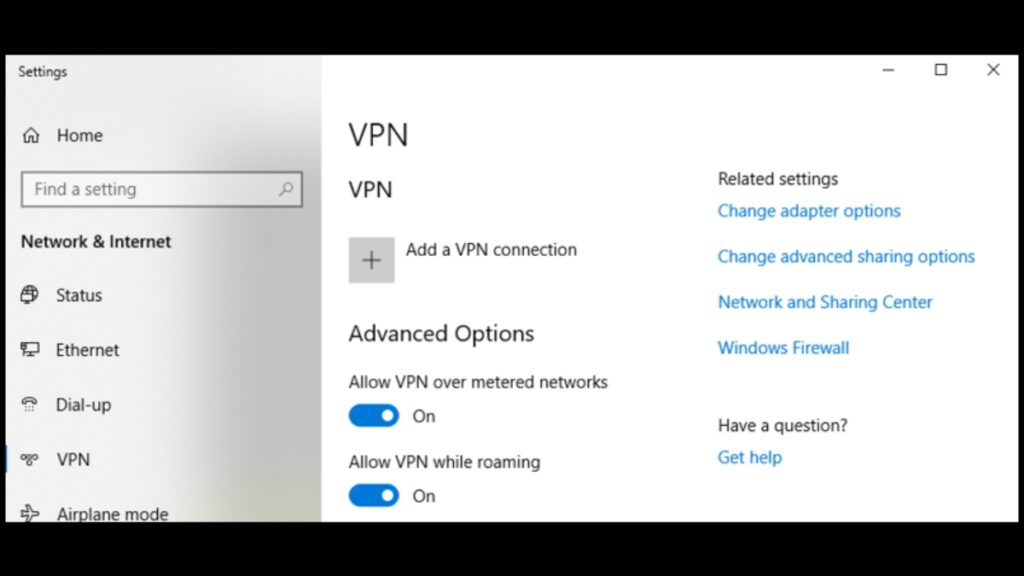 Screenshot of windows vpn settings.